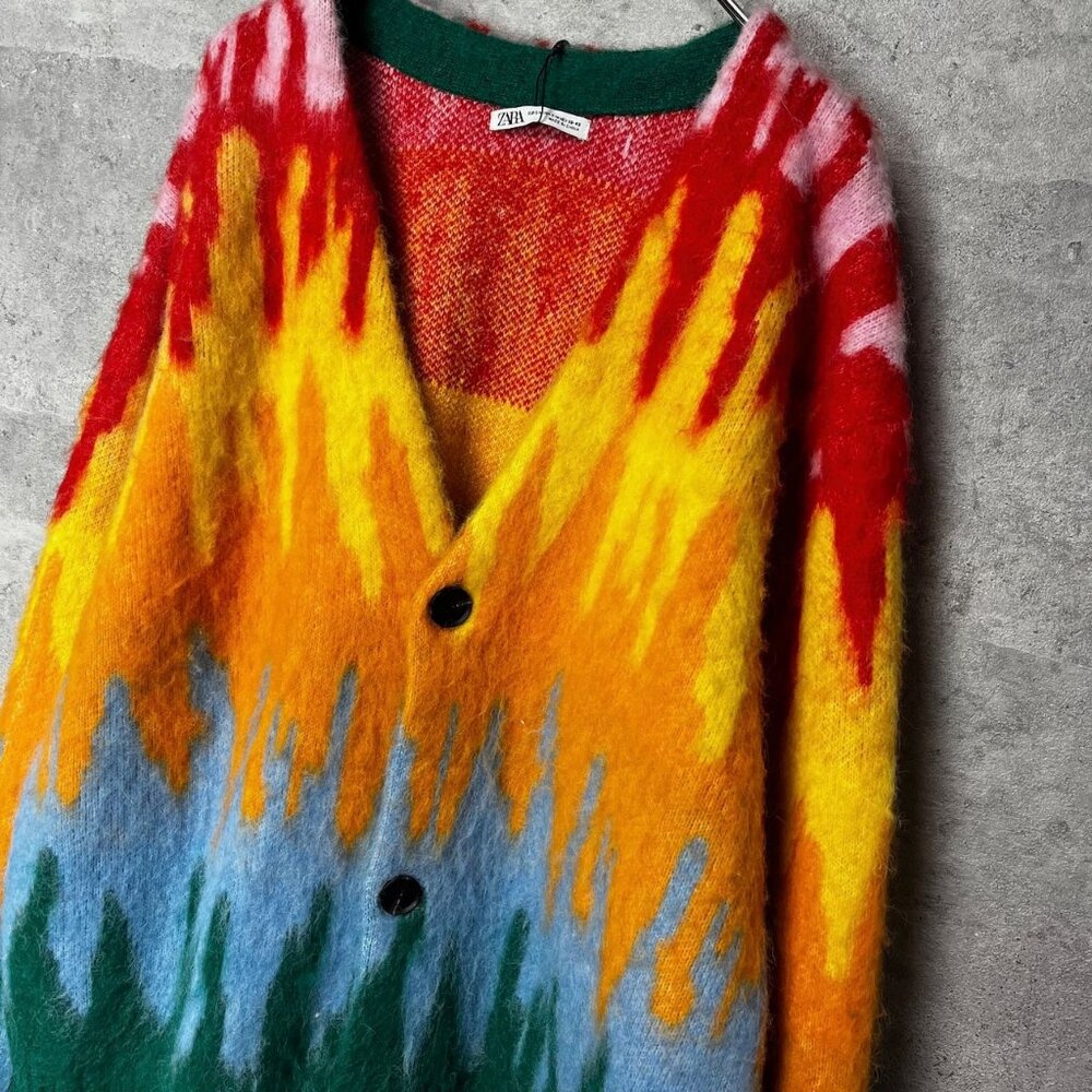 ZARA V-Neck Brushed Shag Cardigan, Vibrant Multicolor All-Over Print, Sz S-M - Picture 7 of 11
